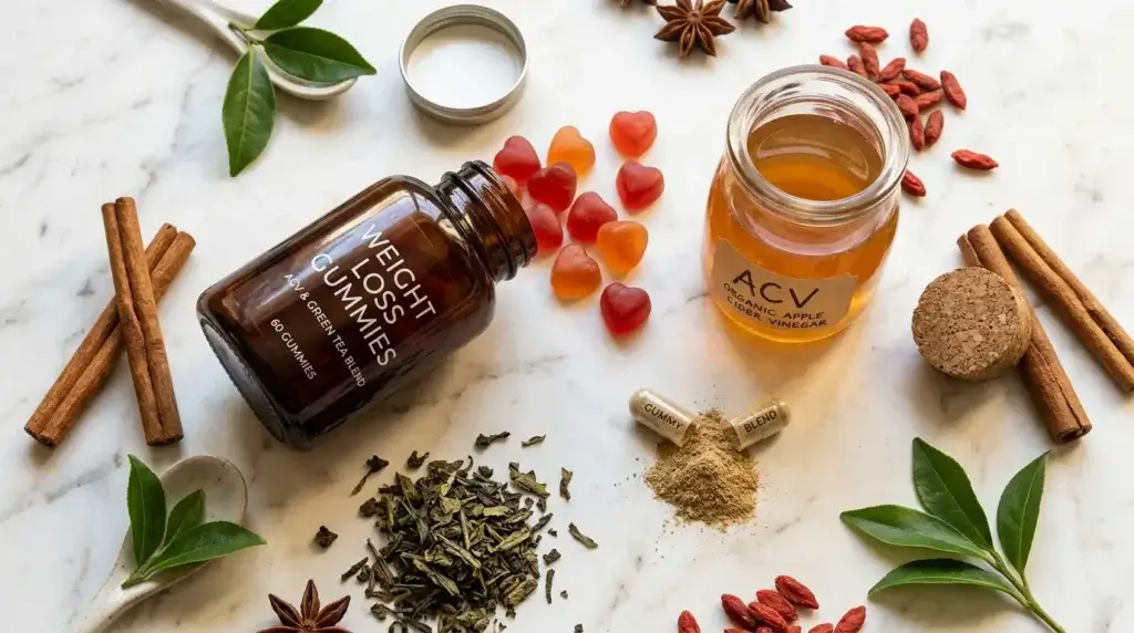 Jelly Tide ACV and BHB gummies bottle with apple cider vinegar and cinnamon ingredients on marble surface