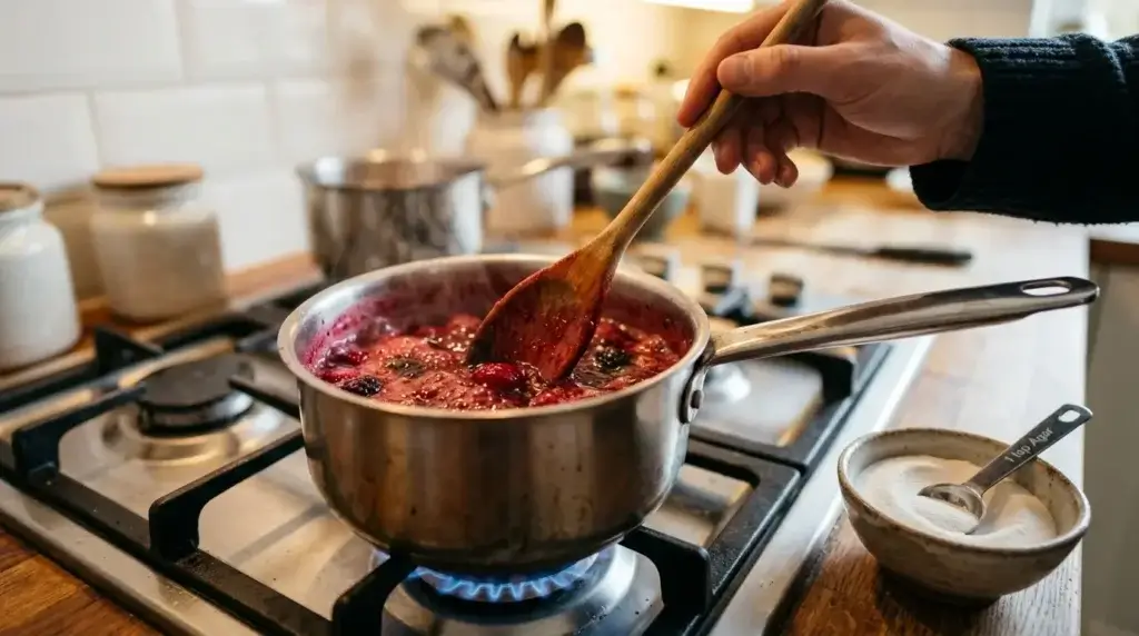 Berry fruit juice with agar agar powder boiling in saucepan for gelatin free gummies recipe showing proper activation technique