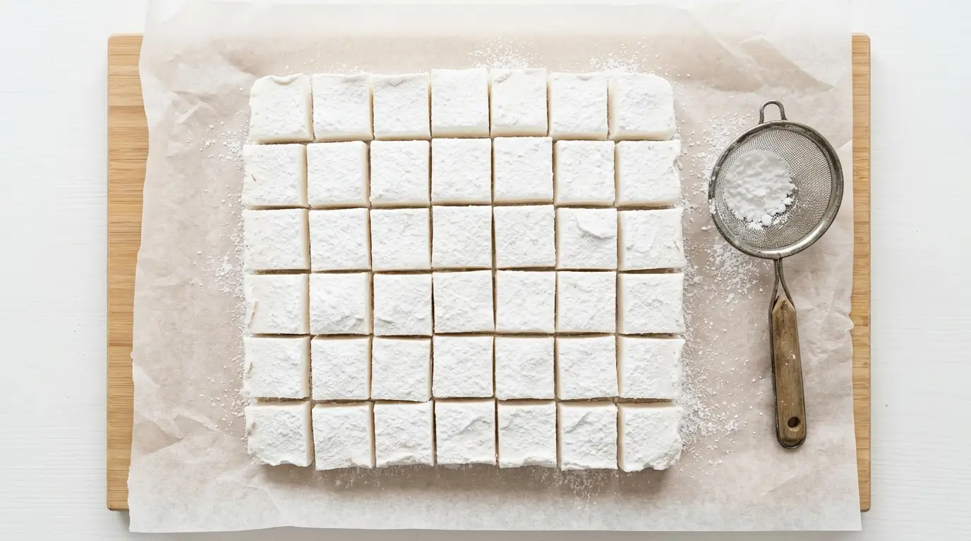 Agar agar marshmallows vegan cut into cubes dusted with powdered sugar parchment