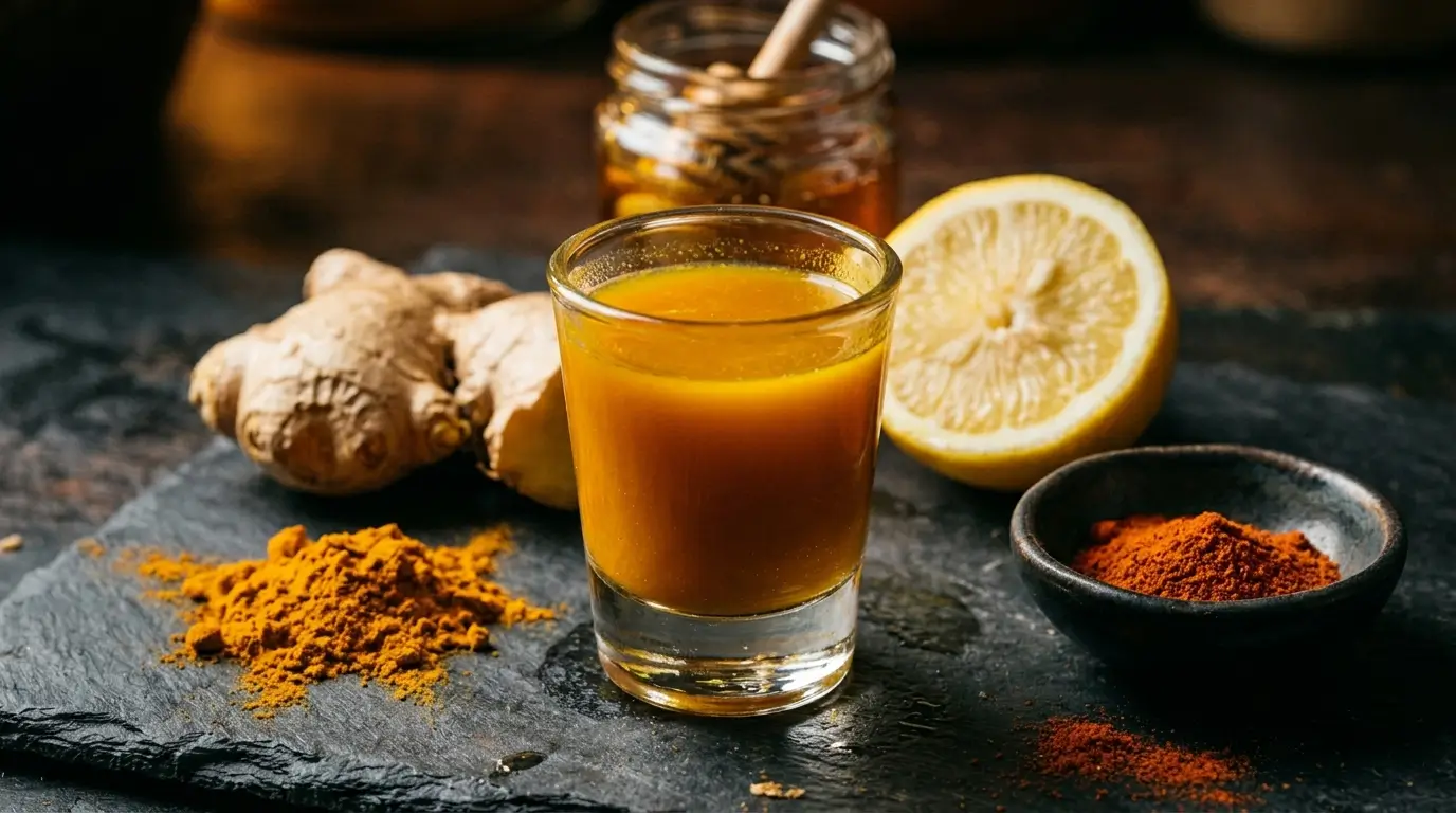 Anti-inflammatory protein recovery shot with turmeric ginger lemon and gelatin
