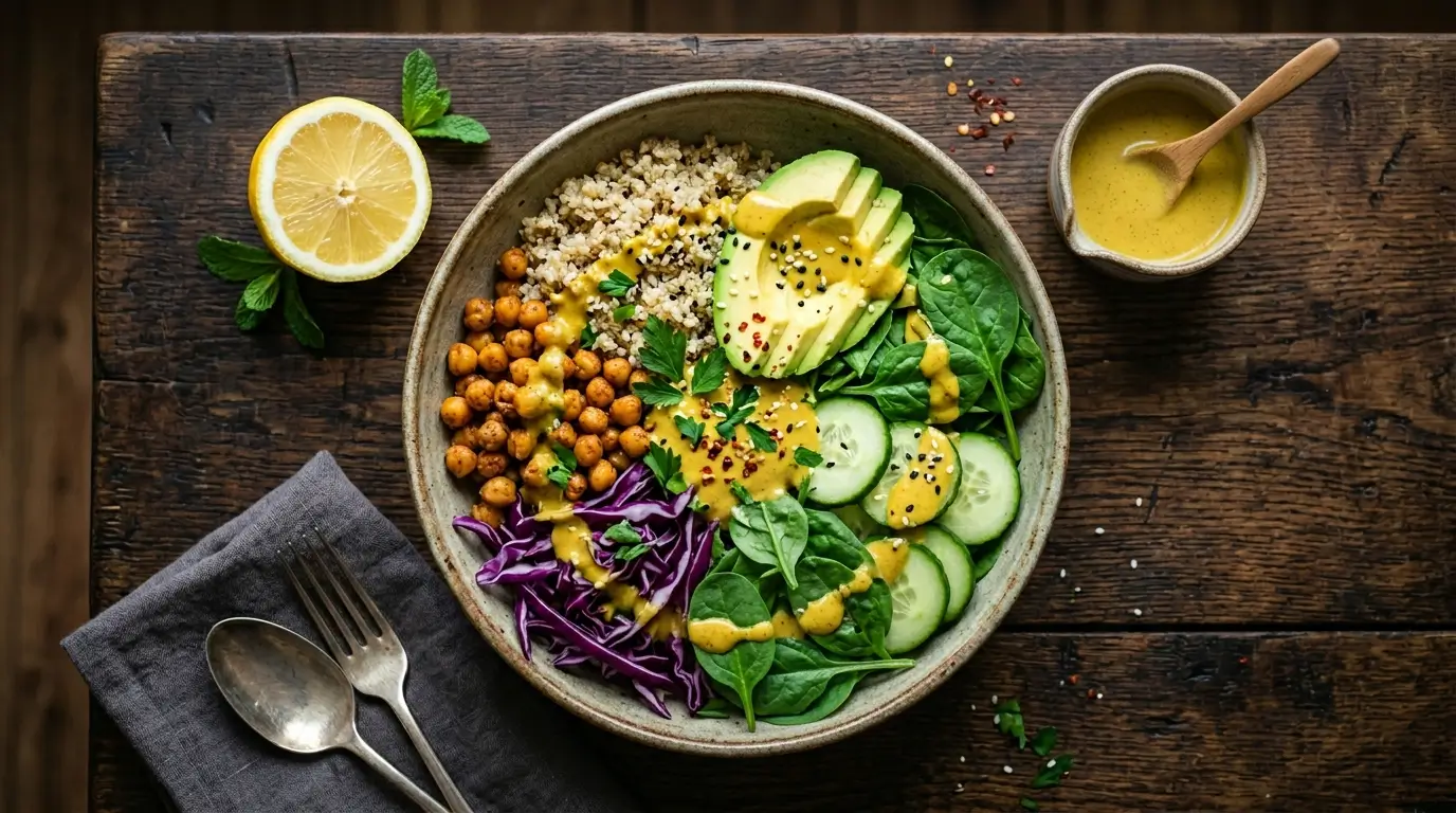 Anti-inflammatory vegan green bowl with turmeric tahini dressing chickpeas avocado quinoa