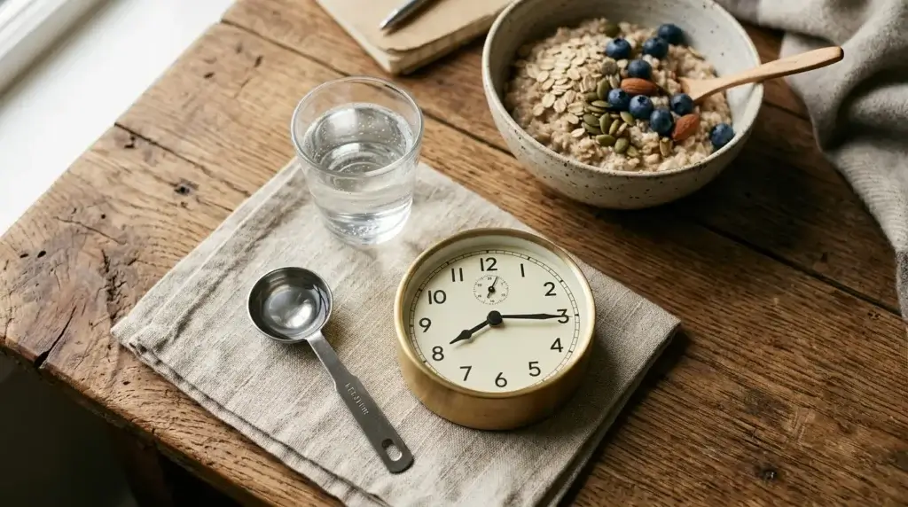 Measuring spoon with apple cider vinegar, glass of water and clock showing morning time for optimal ACV weight loss dosage and timing