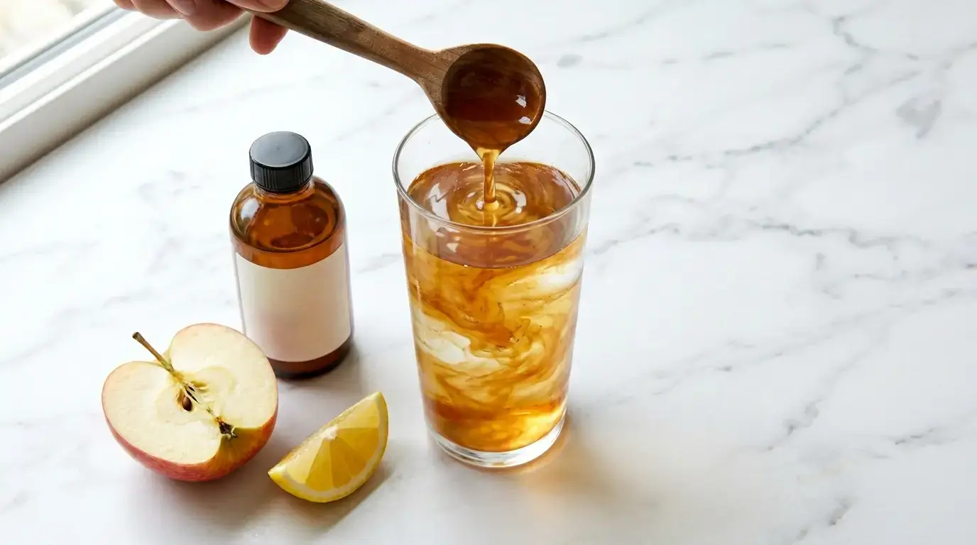 Apple cider vinegar being poured into a glass of water with raw ACV bottle and apple on marble surface