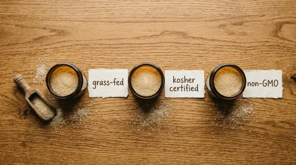 Three organic gelatin powder jars with grass-fed kosher certified and non-GMO certification cards on wooden surface