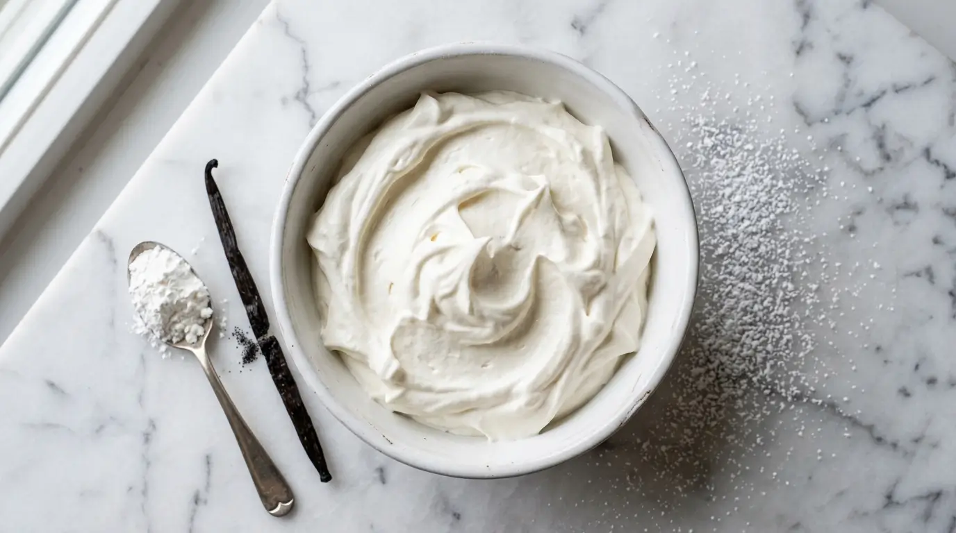 Cornstarch stabilized whipped cream firm peaks bowl vanilla powdered sugar