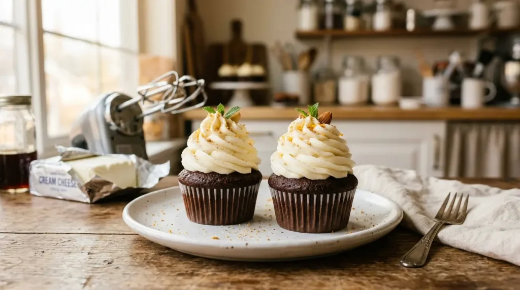 cream cheese stabilized whipped cream frosting piped on cupcake firm peaks