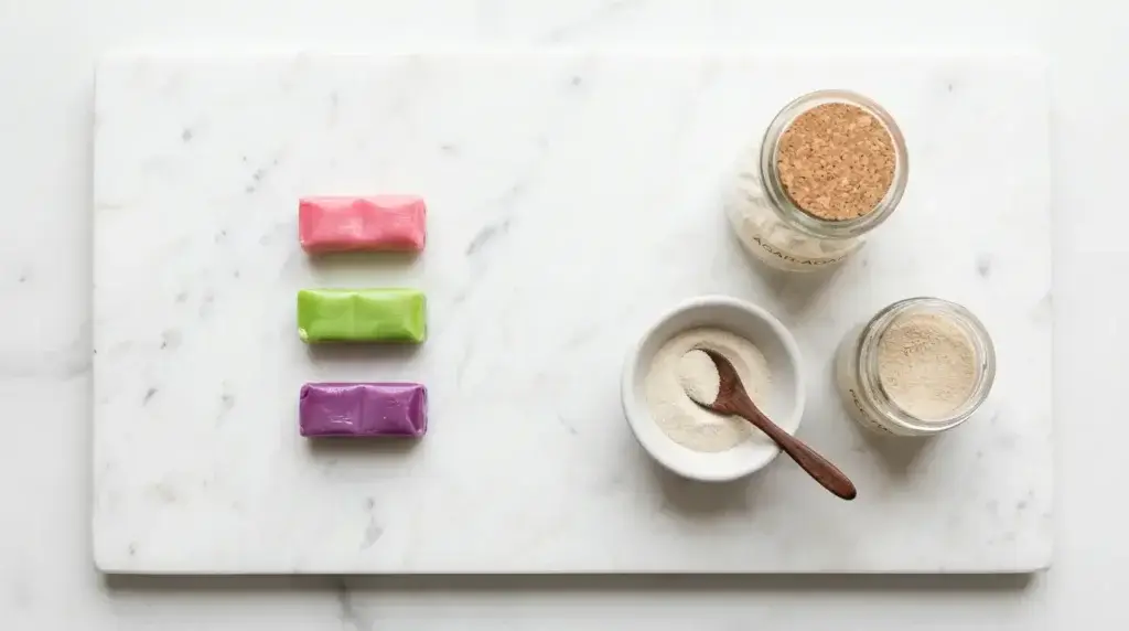Hi-Chew candies beside halal and vegan gelatin alternatives including agar agar carrageenan and pectin