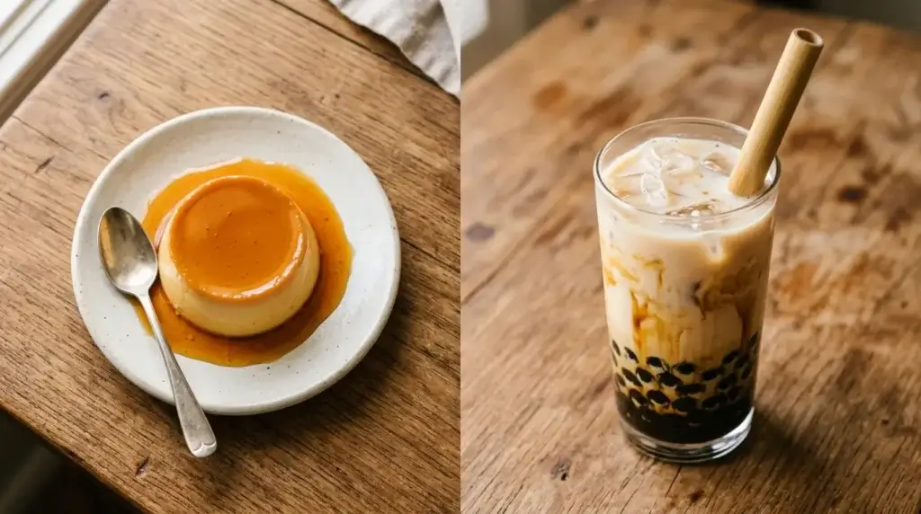 Flan with caramel sauce and boba milk tea with tapioca pearls side by side showing which contain gelatin
