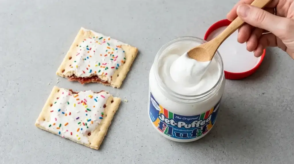 Pop tart broken in half showing filling beside a jar of marshmallow fluff to illustrate gelatin content question