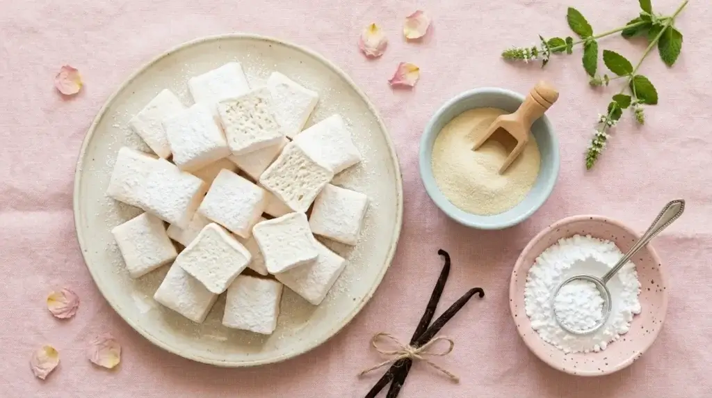 Homemade gelatin free marshmallow squares dusted with powdered sugar beside agar agar powder on pink surface