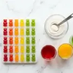 Colorful gelatin free gummies in silicone bear mold beside agar agar powder and fruit juices on white marble