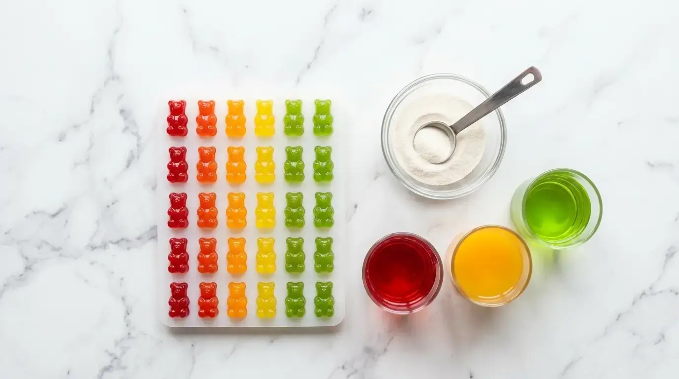 Colorful gelatin free gummies in silicone bear mold beside agar agar powder and fruit juices on white marble
