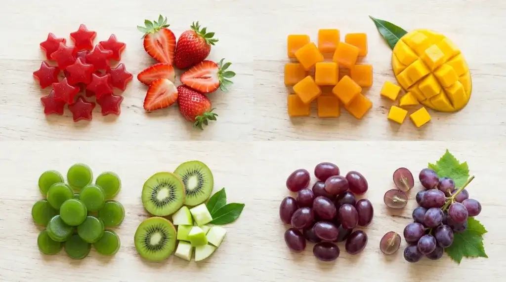 Four gelatin free gummy flavor variations in red orange green and purple showing strawberry mango apple and grape options