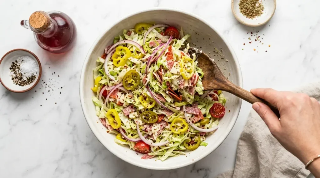 Grinder salad being tossed in bowl with iceberg lettuce banana peppers red onion and creamy mayo dressing