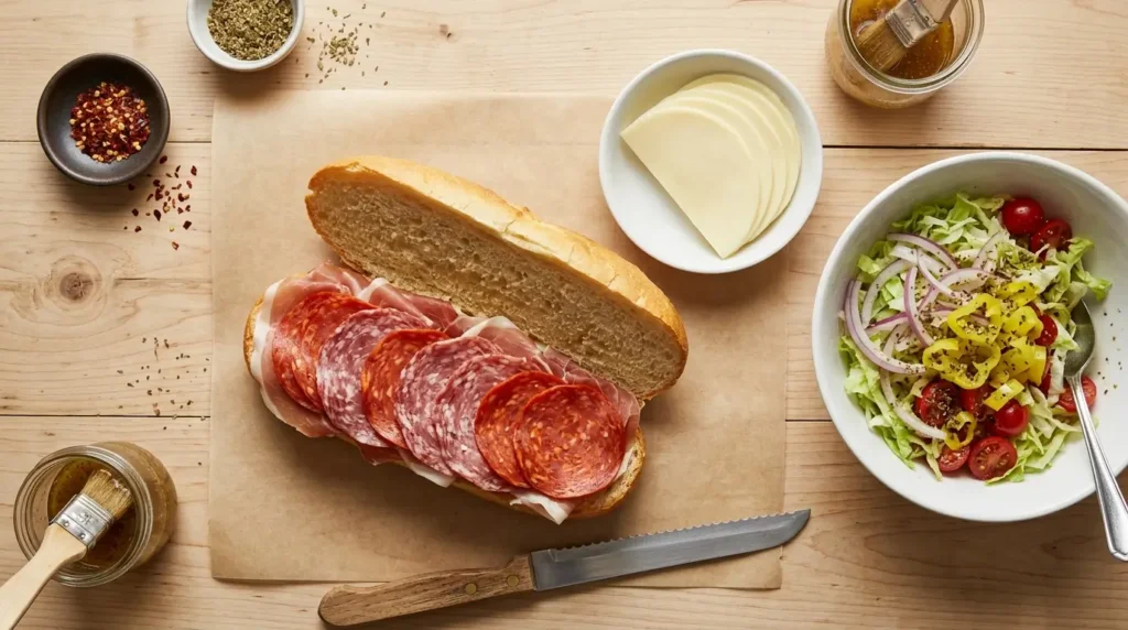 Grinder sandwich assembly showing open hoagie roll with Italian meats prosciutto salami pepperoni and provolone ready to layer