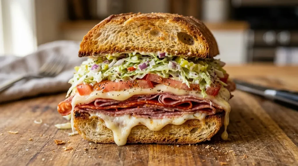 Grinder sandwich cross section showing golden toasted bread melted provolone Italian meats tomato and grinder salad layers