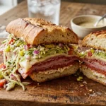 Grinder sandwich cut in half showing layers of Italian meats melted provolone and creamy grinder salad on crusty bread