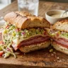 Grinder sandwich cut in half showing layers of Italian meats melted provolone and creamy grinder salad on crusty bread