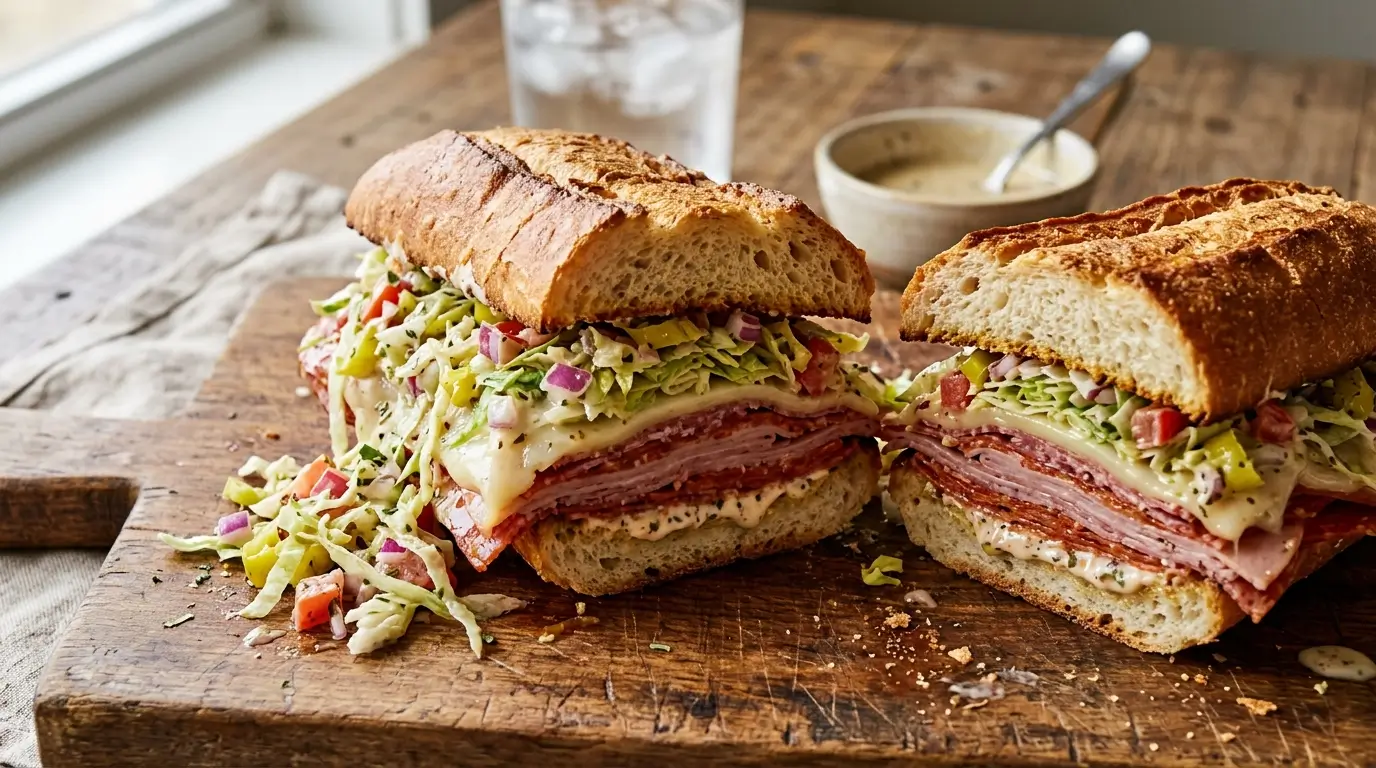 Grinder sandwich cut in half showing layers of Italian meats melted provolone and creamy grinder salad on crusty bread