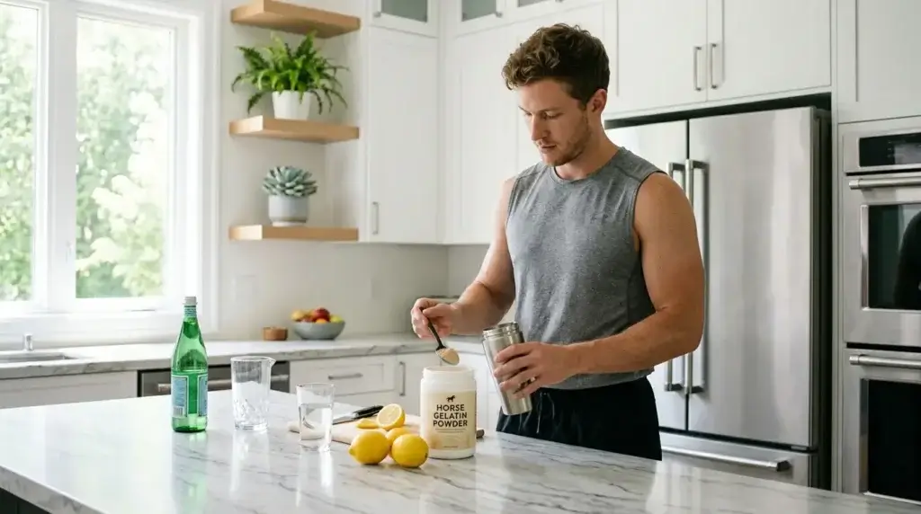 Horse gelatin for men protocol showing supplement preparation with lemon