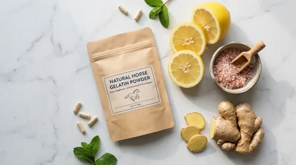 Horse gelatin protocol ingredients for men: gelatin, lemon, pink salt, ginger