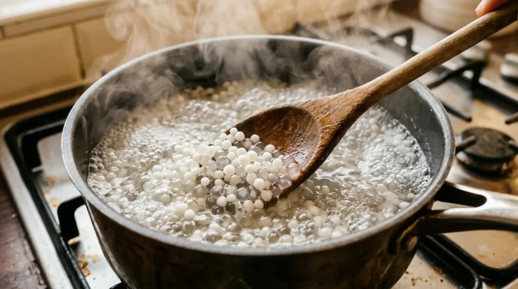 Small tapioca pearls cooking in boiling water turning translucent for mango sago dessert with wooden spoon stirring