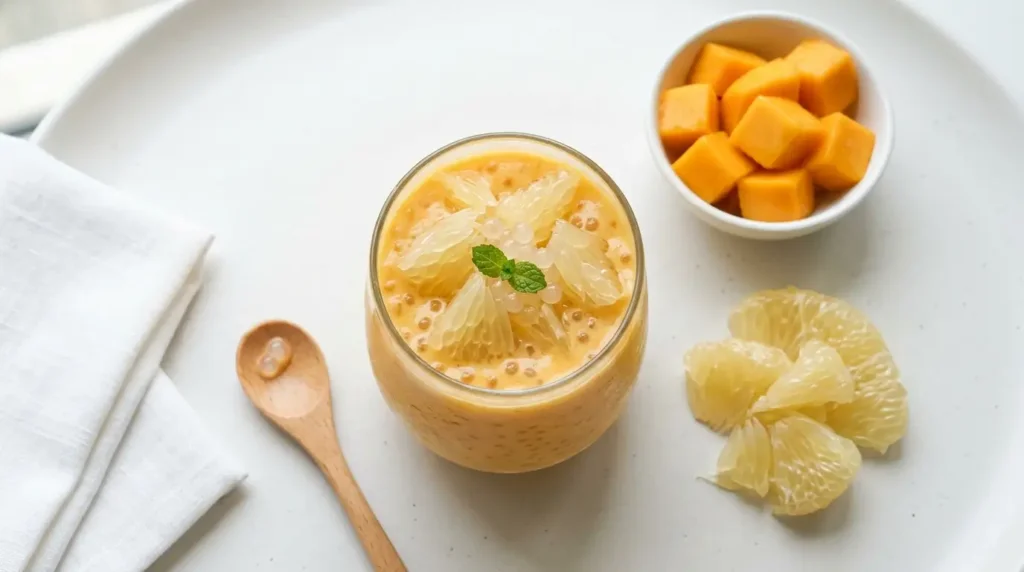 Mango pomelo sago dessert in glass with translucent pomelo segments and fresh mango chunks on white surface
