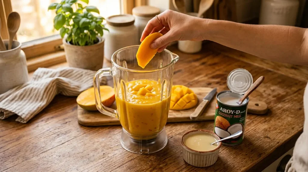 Blender with fresh mango pieces coconut milk and condensed milk being blended for mango sago recipe base