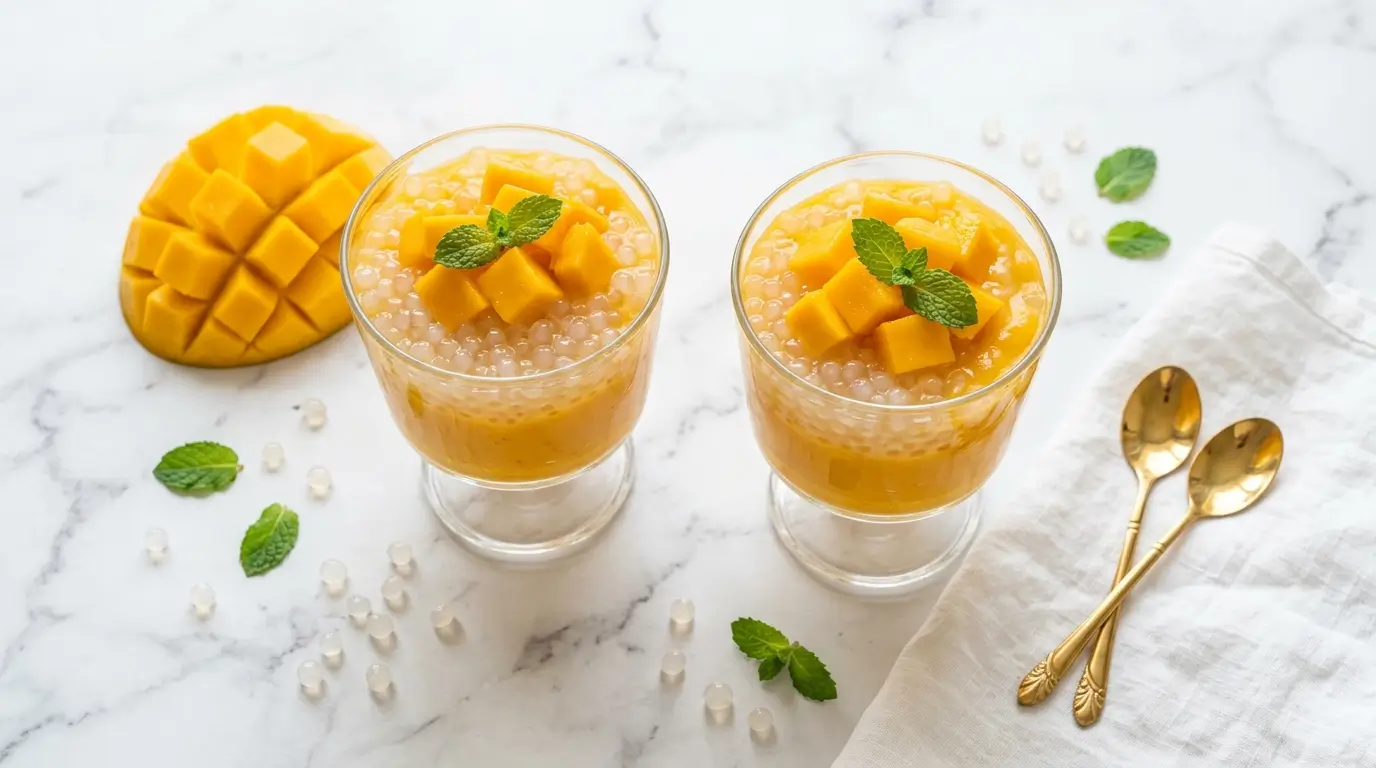 Two glasses of creamy mango sago dessert with tapioca pearls and fresh mango chunks on white marble surface