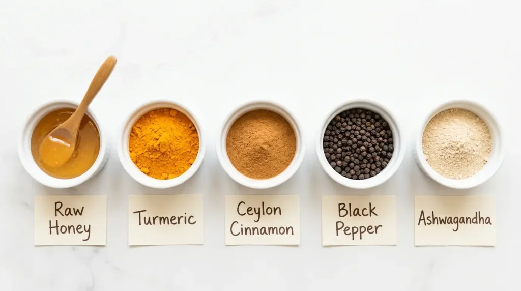 Five neuro honey blend ingredients in white ramekins showing raw honey turmeric Ceylon cinnamon black pepper and ashwagandha