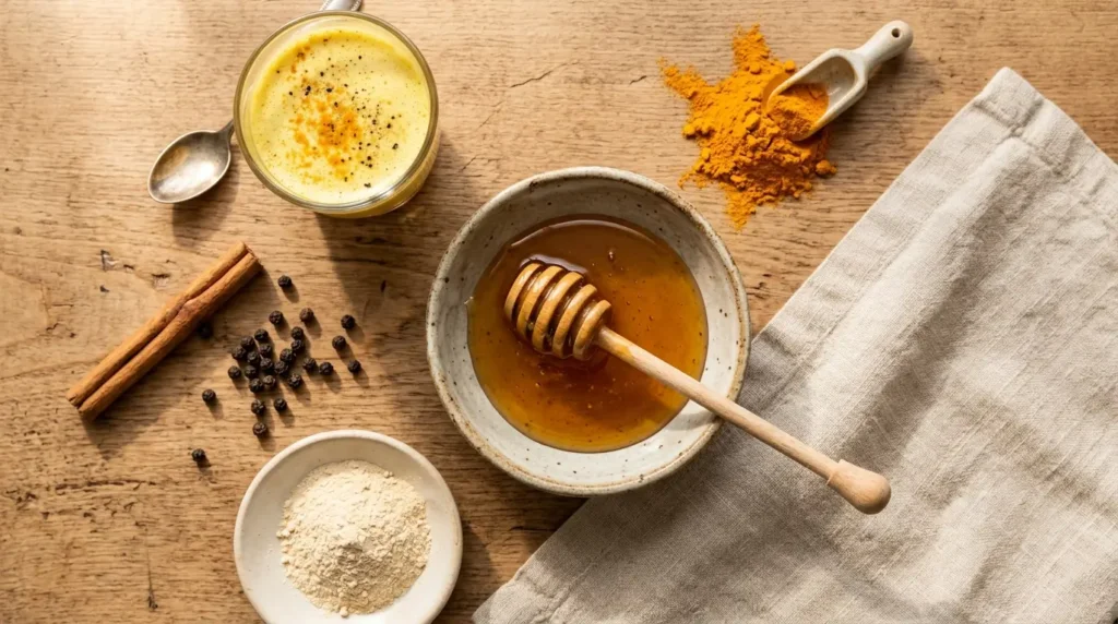 Neuro honey blend recipe ingredients including raw honey turmeric cinnamon black pepper and ashwagandha on wooden surface