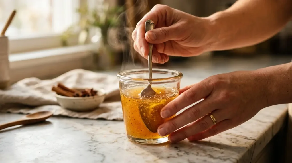 Person stirring golden neuro honey blend drink in glass with spoon showing preparation method