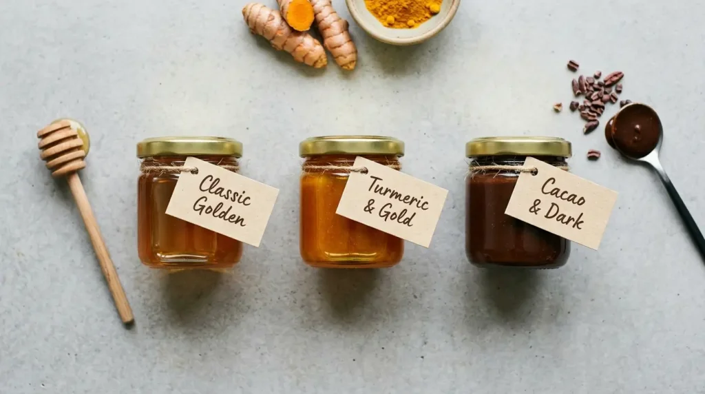 Three neuro honey blend recipe variations in glasses showing classic golden turmeric boost and cacao versions
