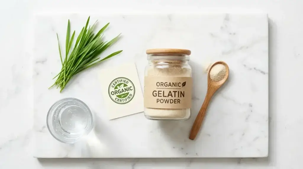 Organic gelatin powder in glass jar with wooden spoon and organic certification on white marble surface
