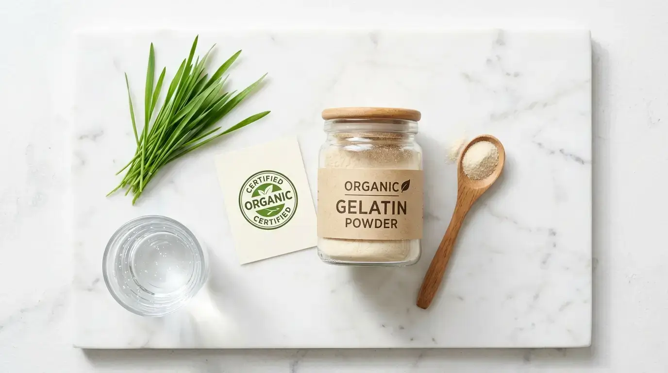 Organic gelatin powder in glass jar with wooden spoon and organic certification on white marble surface