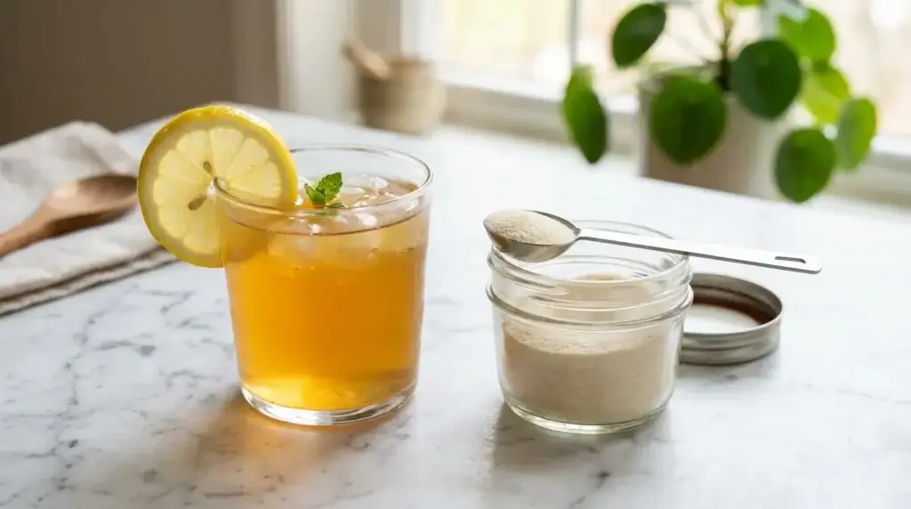 Organic gelatin drink recipe for weight loss with lemon and measuring spoon showing the gelatin trick preparation
