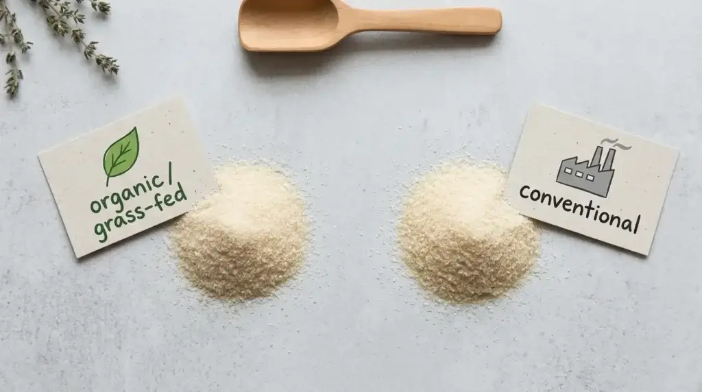 Side by side comparison of organic grass-fed gelatin powder versus conventional regular gelatin showing sourcing difference