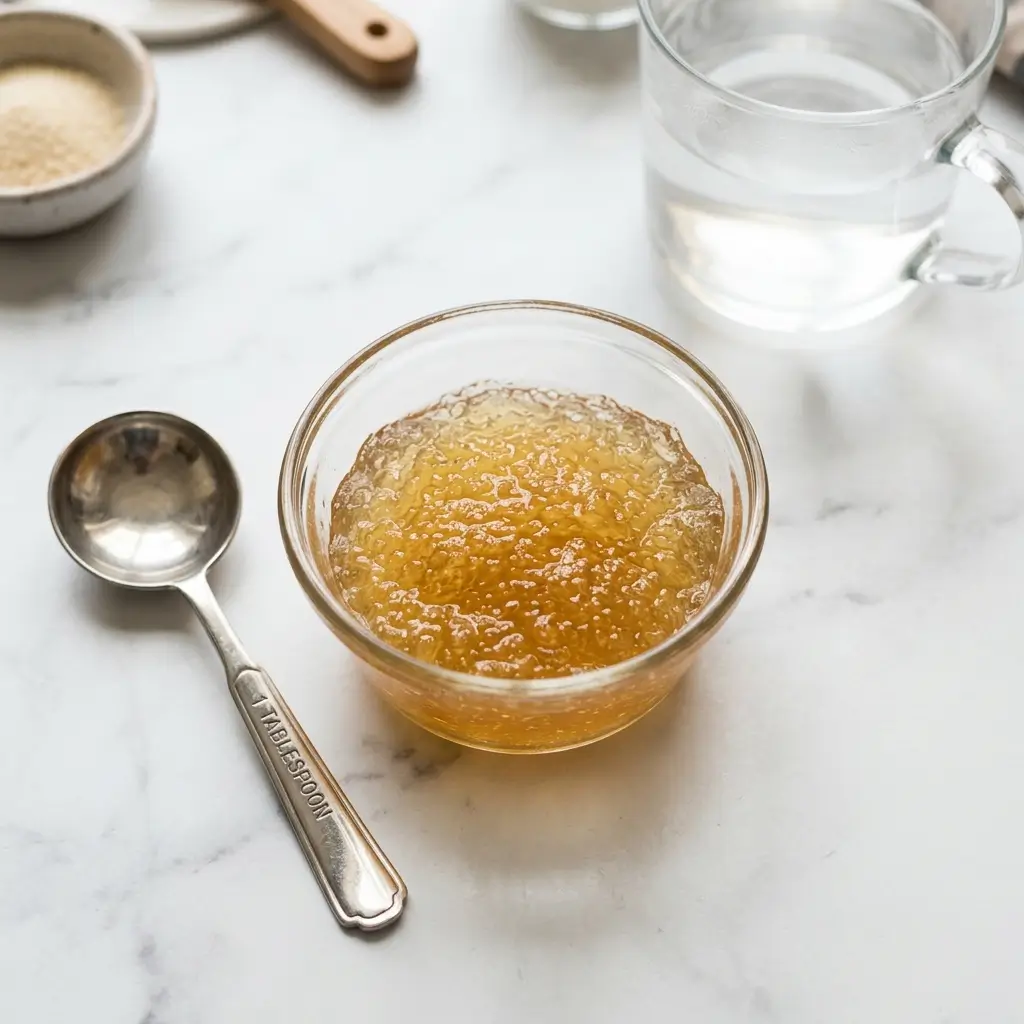 Perfectly bloomed gelatin base recipe cold water bowl spongy ready to dissolve