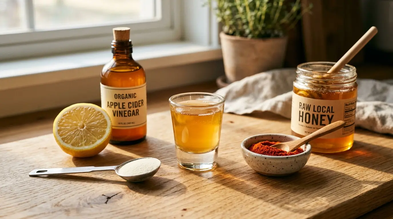 Pre-meal appetite control shot with apple cider vinegar gelatin lemon and cayenne