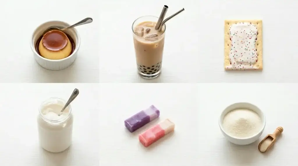 Six everyday foods that may contain gelatin including flan boba pop tarts marshmallow fluff hi-chew and gelatin powder on white surface