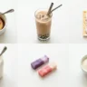 Six everyday foods that may contain gelatin including flan boba pop tarts marshmallow fluff hi-chew and gelatin powder on white surface