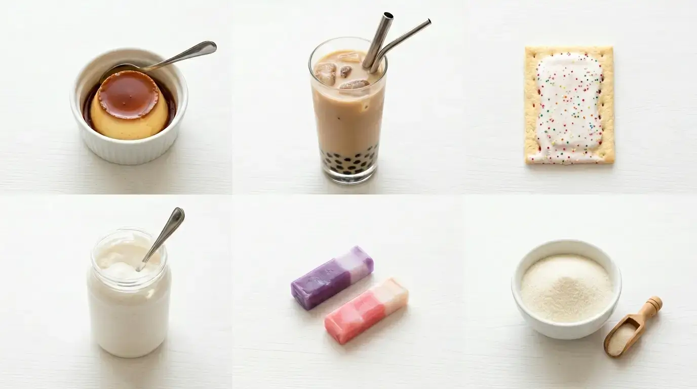 Six everyday foods that may contain gelatin including flan boba pop tarts marshmallow fluff hi-chew and gelatin powder on white surface