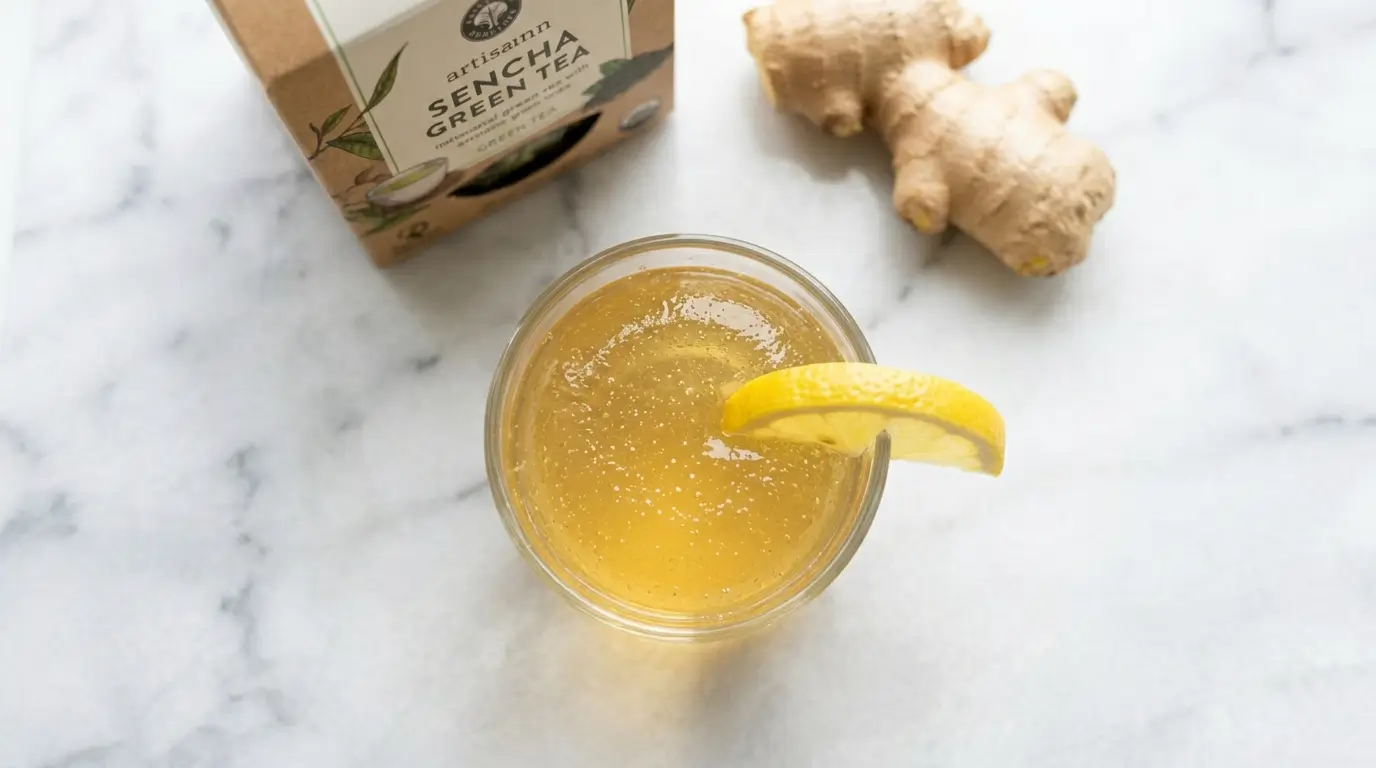 Glass cup filled with agar agar jelly vegan weight loss pre-meal green tea lemon