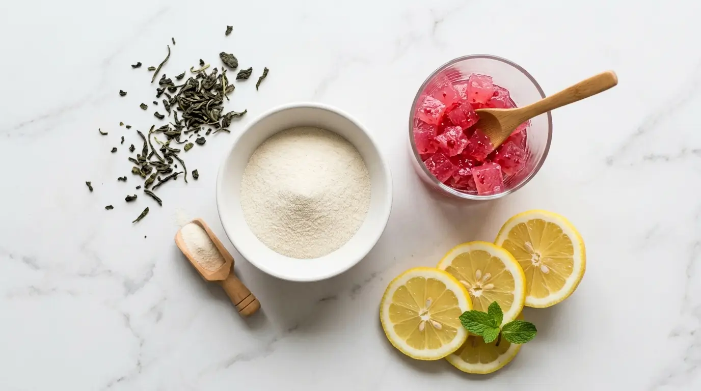 agar agar weight loss recipe with pink jelly cubes and lemon on marble