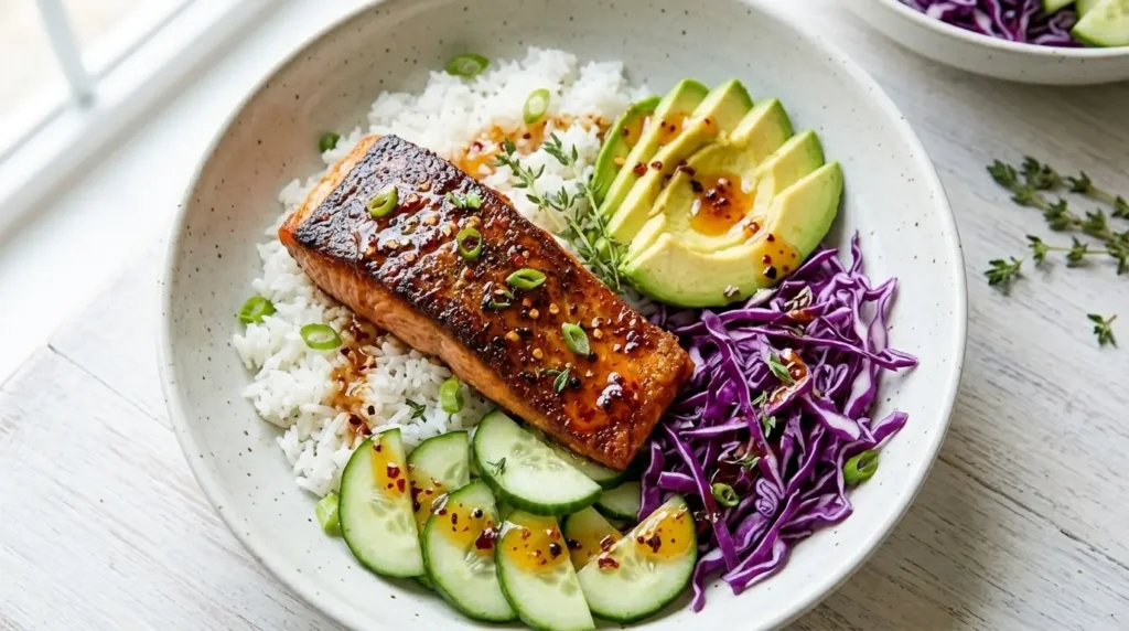 hot honey salmon bowl with rice avocado and cabbage