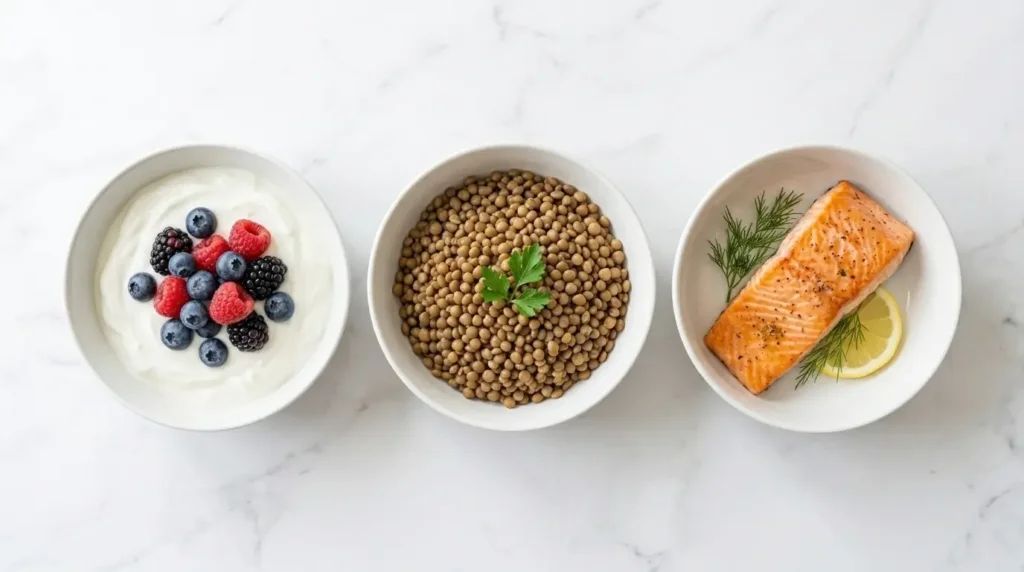 high protein natural glp-1 foods greek yogurt lentils and salmon