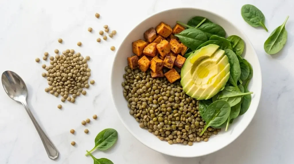 natural glp-1 meal bowl with lentils avocado and sweet potato for weight loss