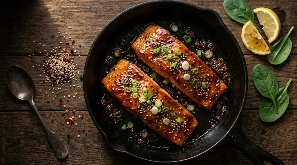 hot honey salmon recipe with caramelized glaze sesame seeds and lemon in cast iron skillet