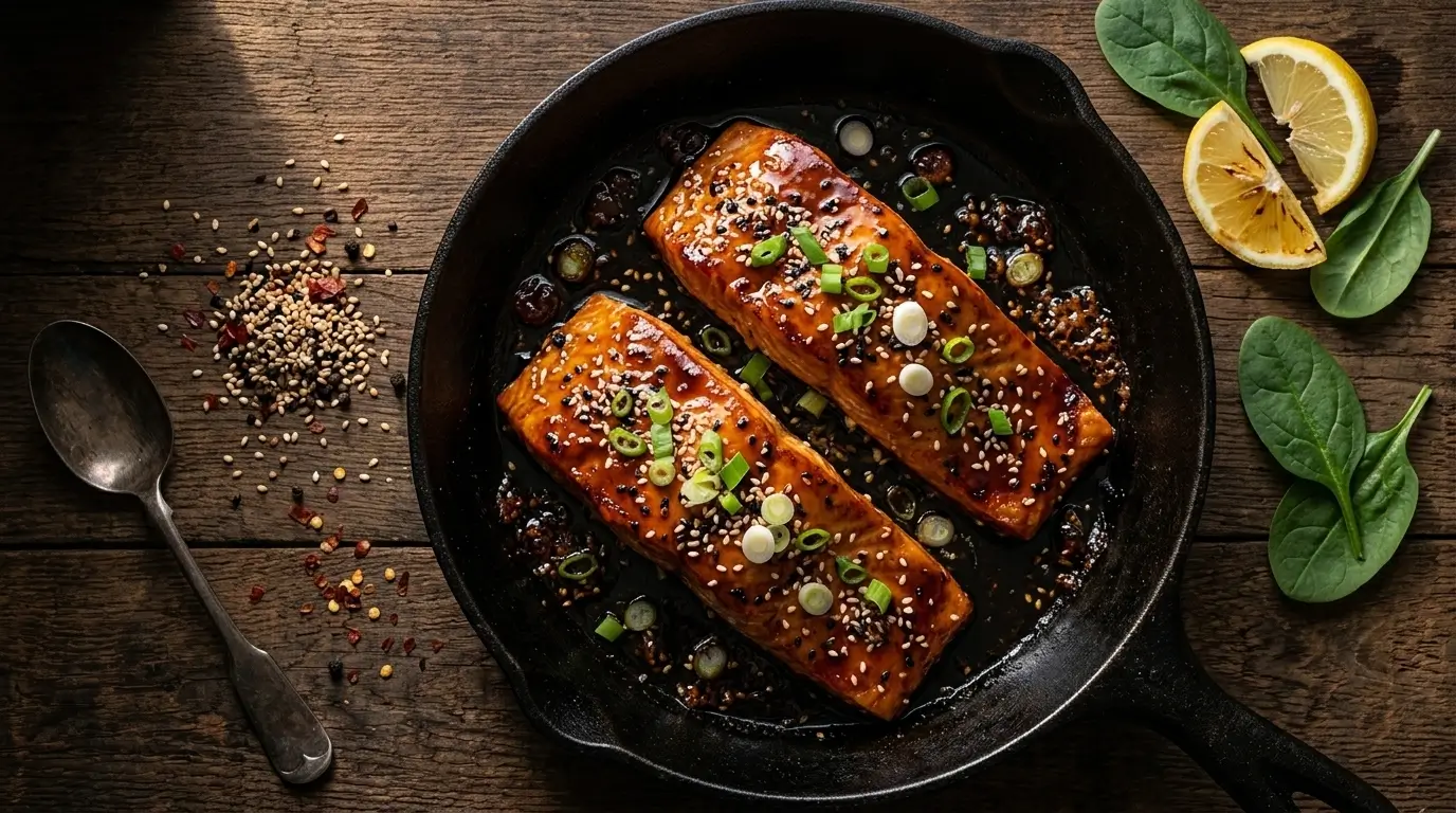 hot honey salmon recipe with caramelized glaze sesame seeds and lemon in cast iron skillet