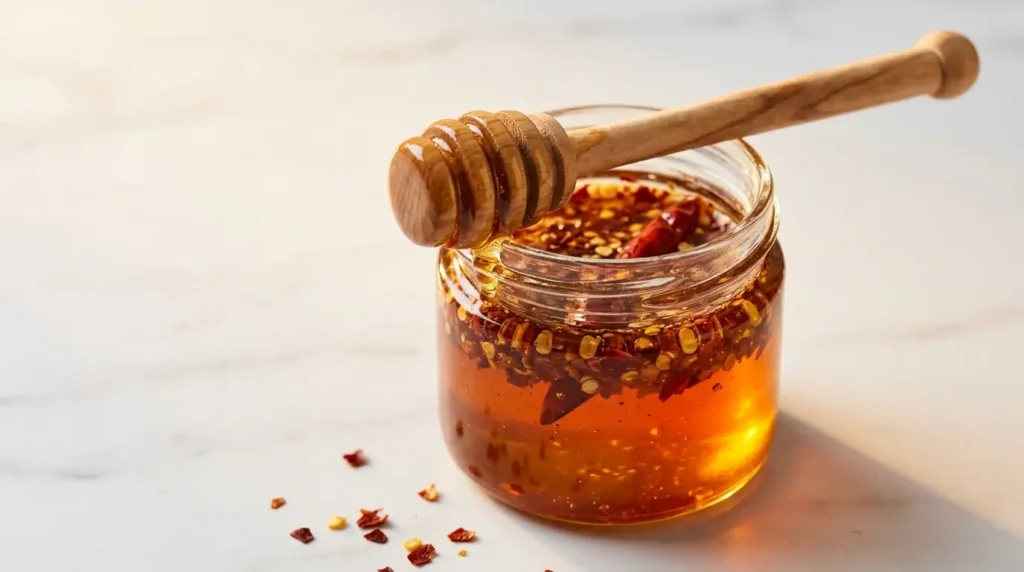 homemade hot honey sauce with red pepper flakes in glass jar